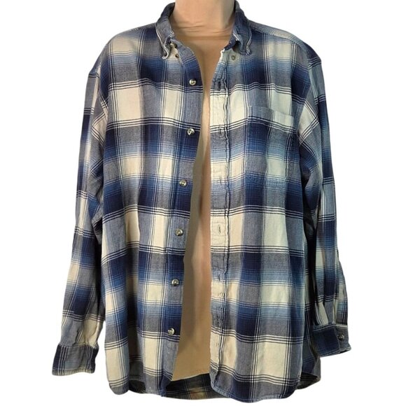 Bass Pro Shops Mens XL Blue White Plaid Flannel Button-Up Long Sleeve Shirt - Picture 3 of 8